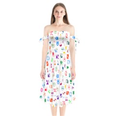 Colorful Abstract Symbols Shoulder Tie Bardot Midi Dress by FunnyCow