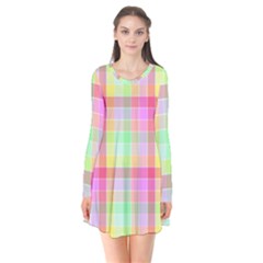 Pastel Rainbow Sorbet Ice Cream Check Plaid Long Sleeve V-neck Flare Dress by PodArtist