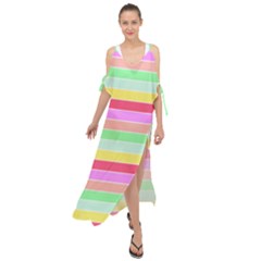 Pastel Rainbow Sorbet Horizontal Deck Chair Stripes Maxi Chiffon Cover Up Dress by PodArtist