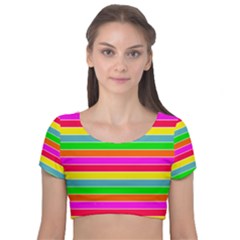 Neon Hawaiian Rainbow Horizontal Deck Chair Stripes Velvet Short Sleeve Crop Top  by PodArtist