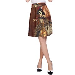 Funny Steampunk Skeleton, Clocks And Gears A-line Skirt by FantasyWorld7