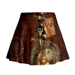 Funny Steampunk Skeleton, Clocks And Gears Mini Flare Skirt by FantasyWorld7