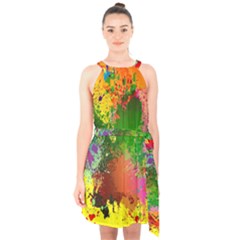Embroidery Dab Color Spray Halter Collar Waist Tie Chiffon Dress by Sapixe