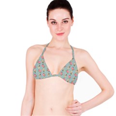 Retro Dog Floral Pattern Blue Bikini Top by snowwhitegirl