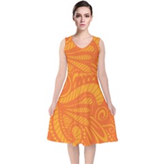 Pop Orange V-neck Midi Sleeveless Dress  by ArtByAmyMinori