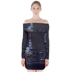 New York Skyline New York City Long Sleeve Off Shoulder Dress by Nexatart