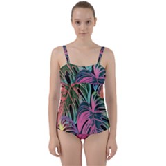 Leaves Tropical Jungle Pattern Twist Front Tankini Set