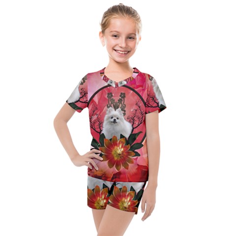 Cute Pemeranian With Flowers Kids  Mesh Tee And Shorts Set by FantasyWorld7