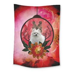 Cute Pemeranian With Flowers Medium Tapestry by FantasyWorld7