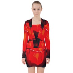 Red Tulip A Bowl Of Fire V-neck Bodycon Long Sleeve Dress by FunnyCow