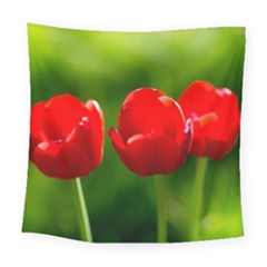 Three Red Tulips, Green Background Square Tapestry (large) by FunnyCow