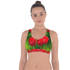 Three Red Tulips, Green Background Cross String Back Sports Bra by FunnyCow