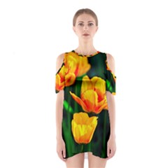 Yellow Orange Tulip Flowers Shoulder Cutout One Piece Dress by FunnyCow