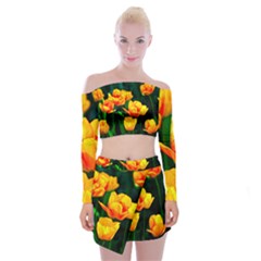 Yellow Orange Tulip Flowers Off Shoulder Top With Mini Skirt Set by FunnyCow