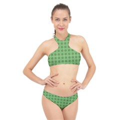 Floral Circles Green High Neck Bikini Set by BrightVibesDesign