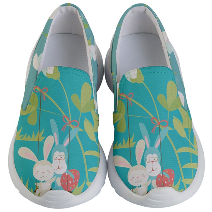 Medium Turquoise Cute Bunny Rabbit Print Kid s Lightweight Slip Ons