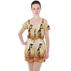 Cute Giraffe Mum With Funny Giraffe Baby Ruffle Cut Out Chiffon Playsuit by FantasyWorld7