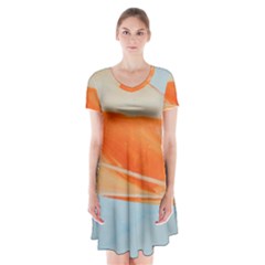 Orange And Blue Short Sleeve V-neck Flare Dress by WILLBIRDWELL