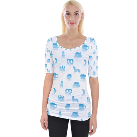 Oktoberfest Bavarian October Beer Festival Motifs In Bavarian Blue Wide Neckline Tee by PodArtist