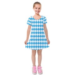 Oktoberfest Bavarian Blue And White Large Diagonal Diamond Pattern Kids  Short Sleeve Velvet Dress by PodArtist