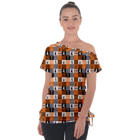 Witches, Monsters And Ghosts Halloween Orange And Black Patchwork Quilt Squares Tie-up Tee by PodArtist