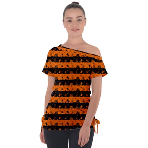 Dark Pumpkin Orange And Black Halloween Nightmare Stripes  Tie-up Tee by PodArtist