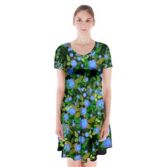 Blue Luminescent Roses Short Sleeve V-neck Flare Dress by snowwhitegirl