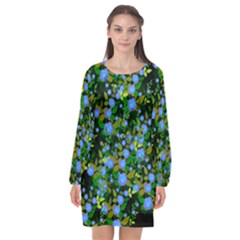 Blue Luminescent Roses Long Sleeve Chiffon Shift Dress  by snowwhitegirl