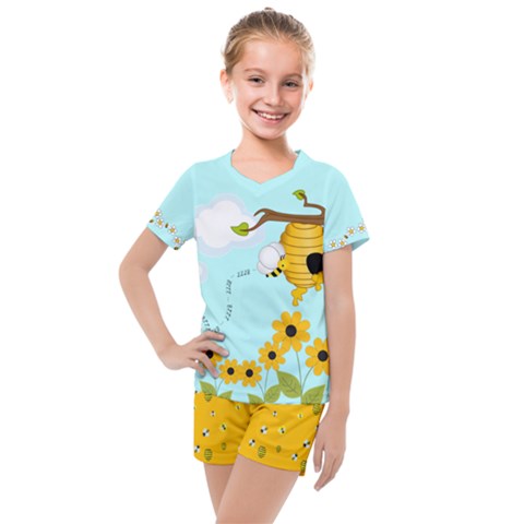 Pale Turquoise & Gold Bee Hives Pattern Kids  Mesh Tee And Shorts Set by PattyVilleDesigns