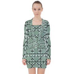 Pattern Graphics Figure Line Glass V-neck Bodycon Long Sleeve Dress by Sapixe