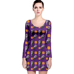 Halloween Skeleton Pumpkin Pattern Purple Long Sleeve Velvet Bodycon Dress by snowwhitegirl