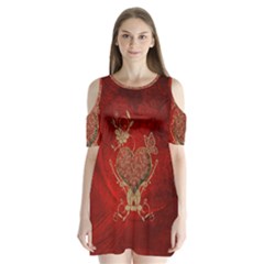 Wonderful Decorative Heart In Gold And Red Shoulder Cutout Velvet One Piece by FantasyWorld7