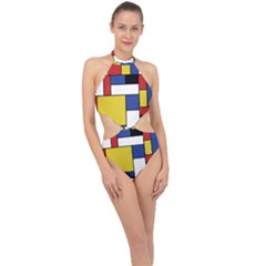 Mondrian Geometric Art Halter Side Cut Swimsuit by KayCordingly