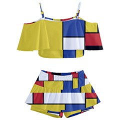 Mondrian Geometric Art Kids  Off Shoulder Skirt Bikini by KayCordingly