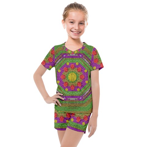Flowers In Rainbows For Ornate Joy Kids  Mesh Tee And Shorts Set by pepitasart