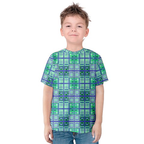 Mod Blue Green Square Pattern Kids  Cotton Tee by BrightVibesDesign