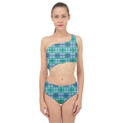 Mod Blue Green Square Pattern Spliced Up Two Piece Swimsuit by BrightVibesDesign