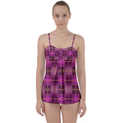 Mod Pink Purple Yellow Square Pattern Babydoll Tankini Set