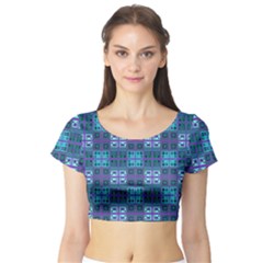 Mod Purple Green Turquoise Square Pattern Short Sleeve Crop Top by BrightVibesDesign