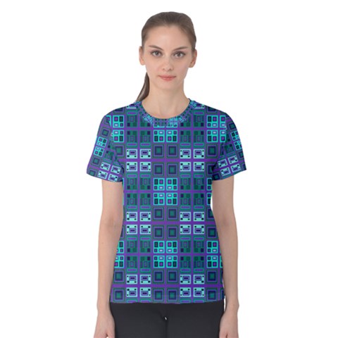 Mod Purple Green Turquoise Square Pattern Women s Cotton Tee by BrightVibesDesign