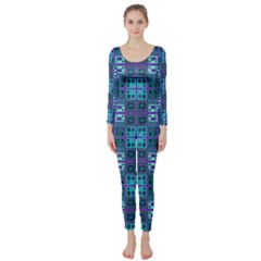 Mod Purple Green Turquoise Square Pattern Long Sleeve Catsuit