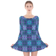 Mod Purple Green Turquoise Square Pattern Long Sleeve Velvet Skater Dress by BrightVibesDesign