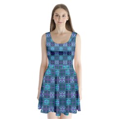 Mod Purple Green Turquoise Square Pattern Split Back Mini Dress 