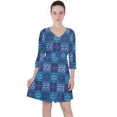 Mod Purple Green Turquoise Square Pattern Ruffle Dress by BrightVibesDesign