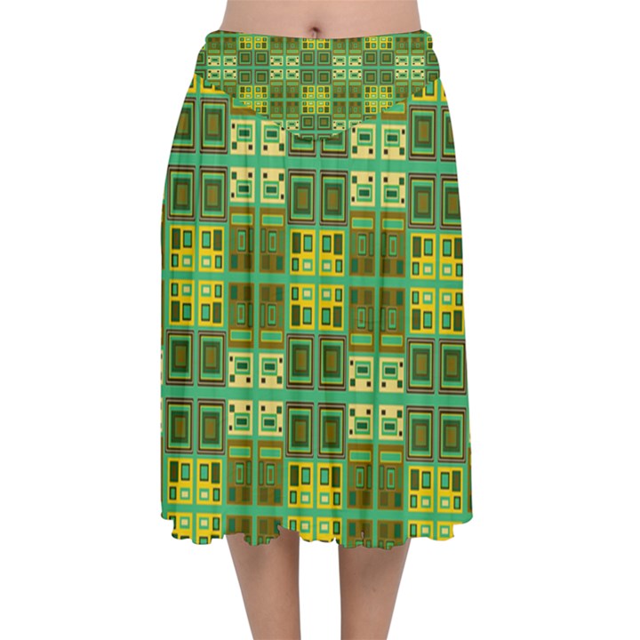 Mod Yellow Green Squares Pattern Velvet Flared Midi Skirt