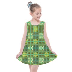 Mod Yellow Green Squares Pattern Kids  Summer Dress