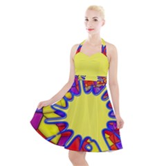 Embroidery Dab Color Spray Halter Party Swing Dress  by Simbadda