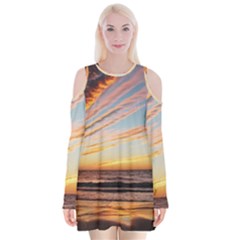 Sunset Beach Ocean Scenic Velvet Long Sleeve Shoulder Cutout Dress by Simbadda