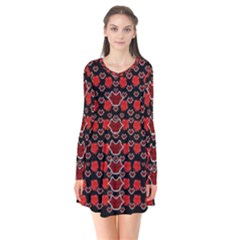 Red Lips And Roses Just For Love Long Sleeve V-neck Flare Dress by pepitasart