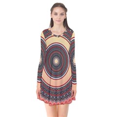 Ornamental Shape Concentric Round Long Sleeve V-neck Flare Dress by Simbadda